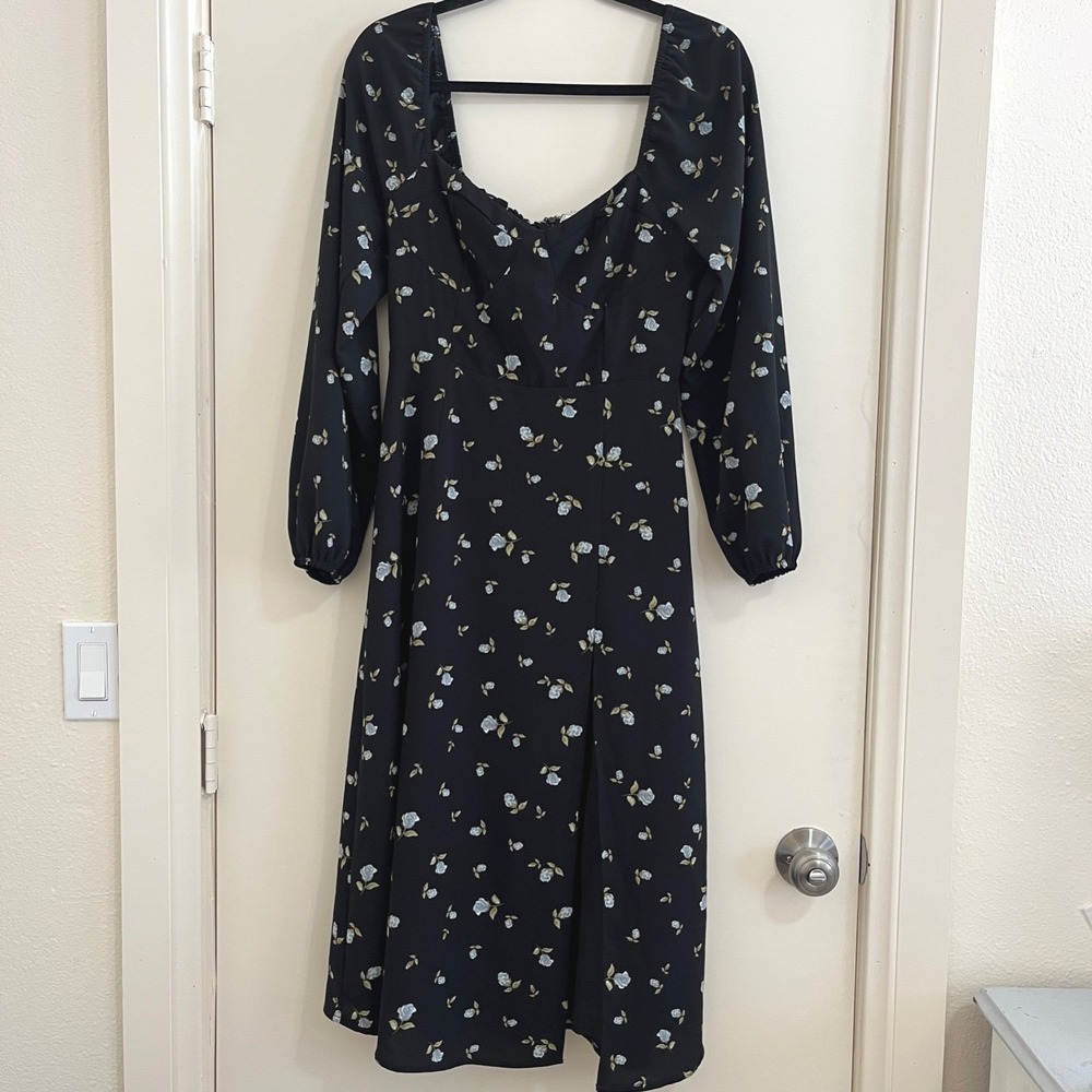 Floral Milkmaid Smocked Midi Dress Medium‎ Black Whimsigoth Dark Fairy Renfaire